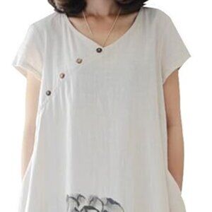 Women's Chinoiserie Print Loose Short Sleeve Cotton Linen Dress Size M